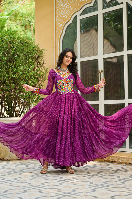 Laheriya Print Gown with Kutchi Work